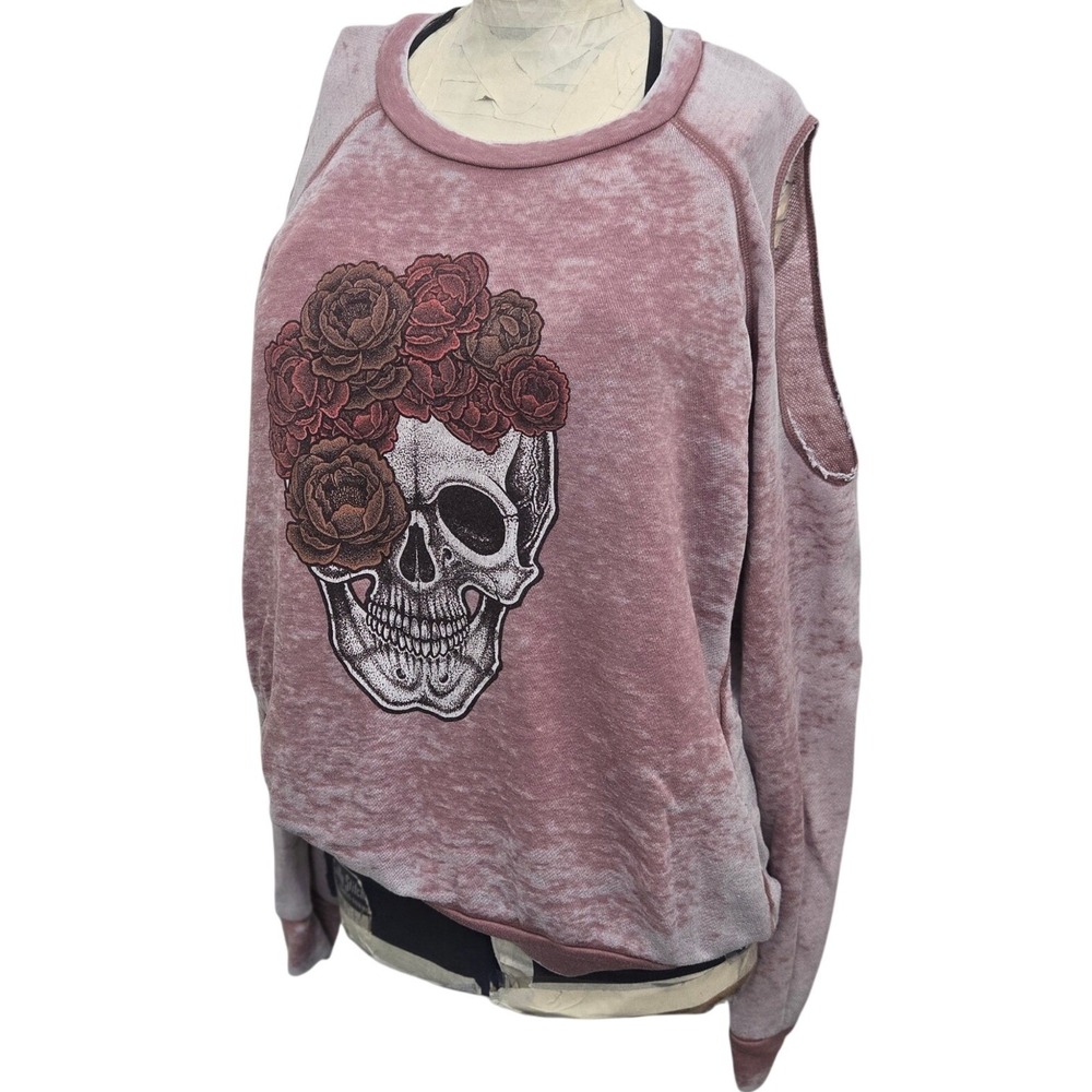 Gypsy Heart Skull Rose Cold Shoulder‎ Sweatshirt M Mauve Pink Burnout Pullover
